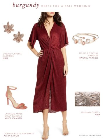 burgundy dress and silver shoes