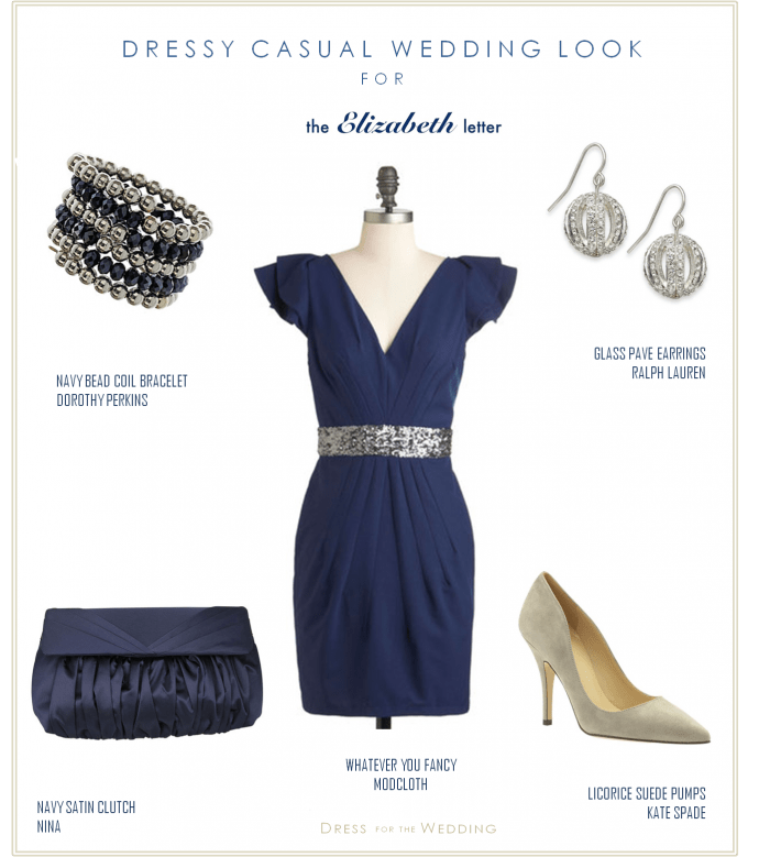 navy blue dress with silver shoes