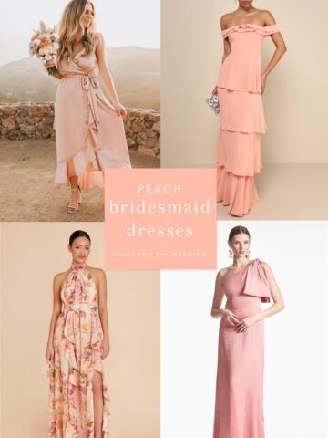 collage of peach bridesmaid dresses