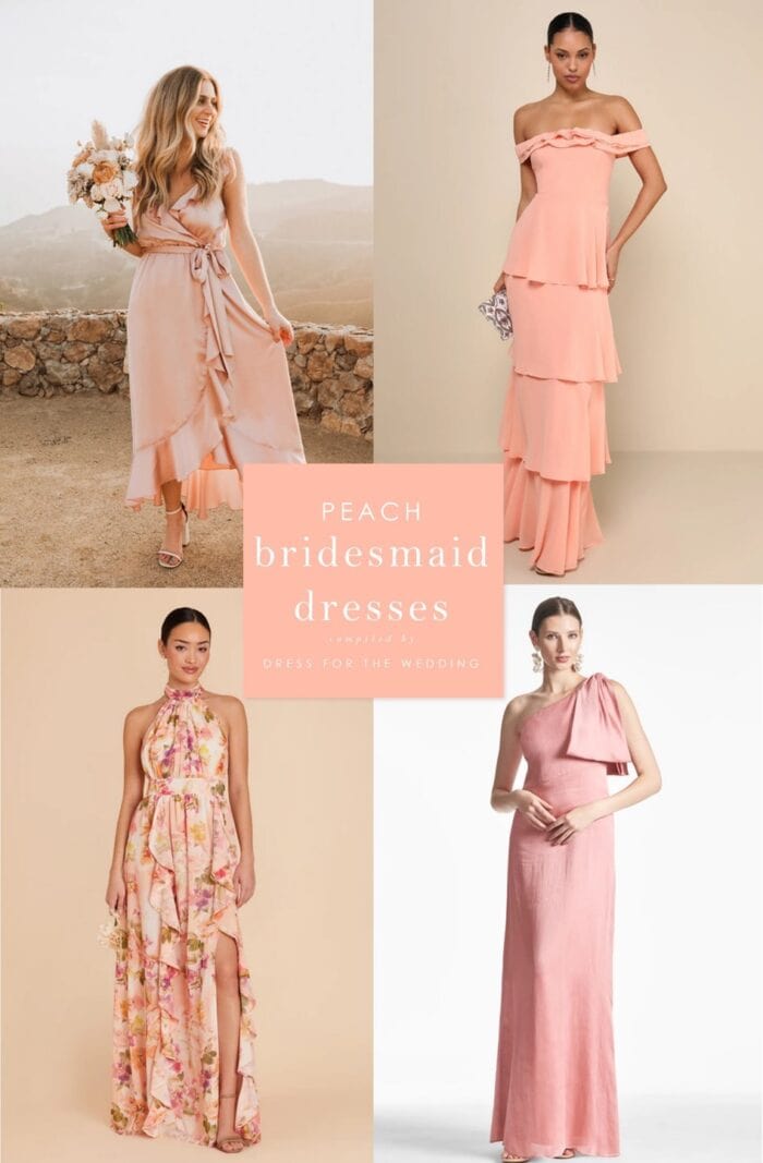collage of peach bridesmaid dresses