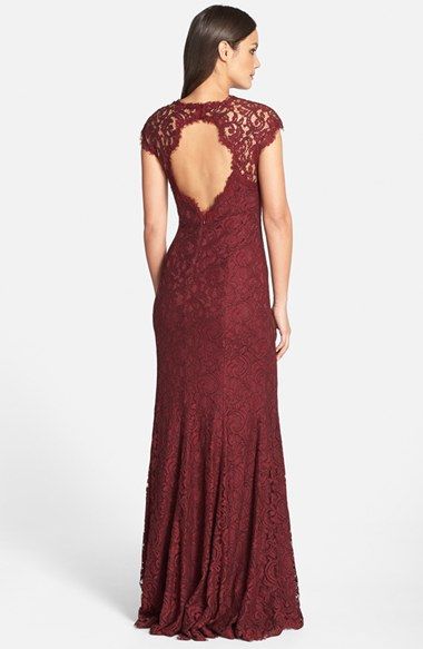 keyhole back deep red lace gown
