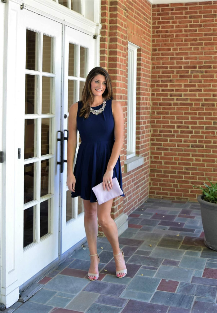 navy wedding guest outfit