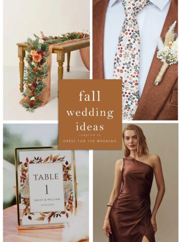 Collage of fall wedding ideas including table decor, fall ties for a groom, table signage with an autumn theme, and bronze bridesmaid dresses.