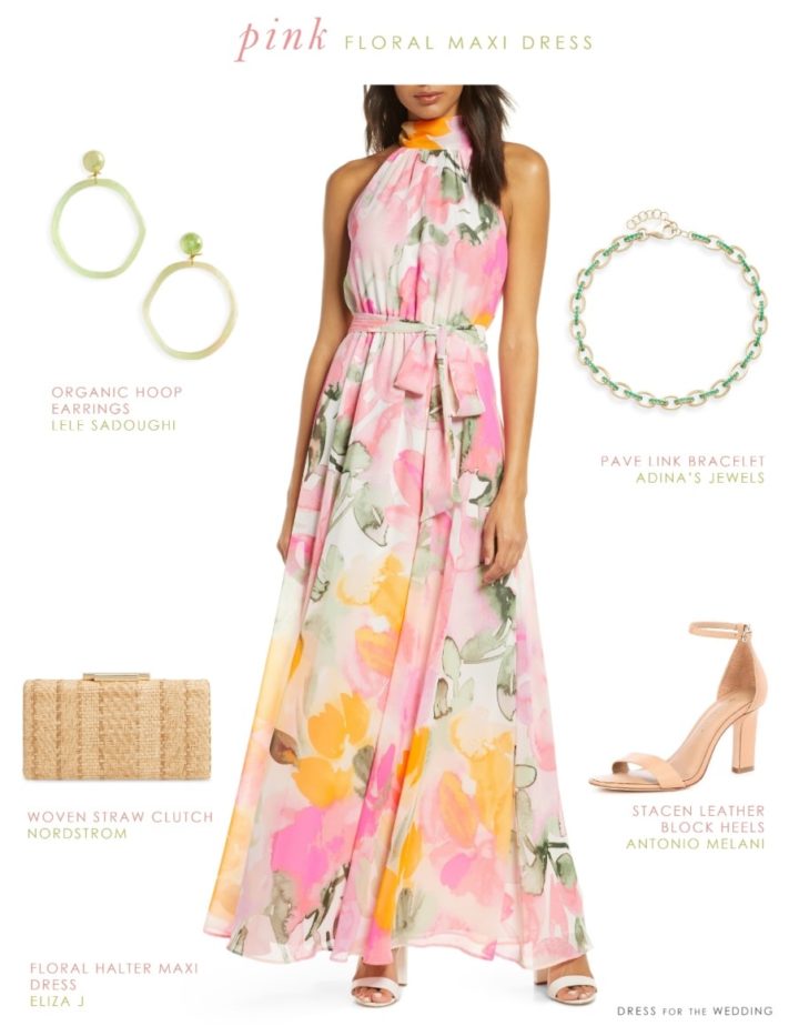 Pink Floral Print Halter Maxi Dress - Dress for the Wedding