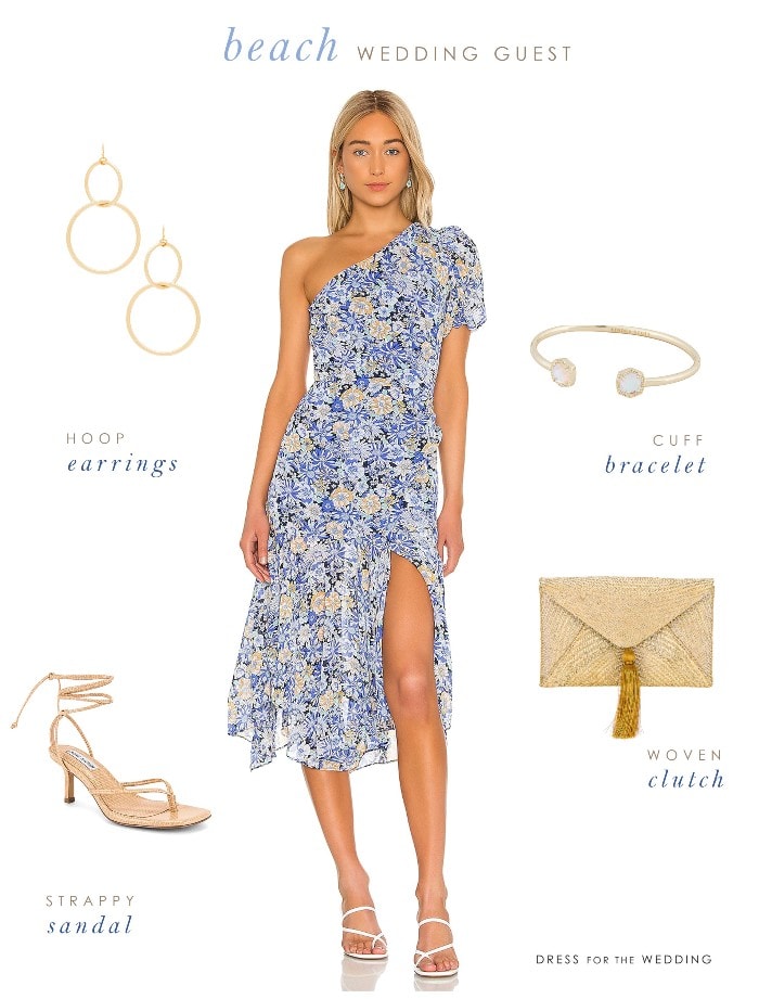 Beach wedding guest outfit with a blue floral dress and accessories