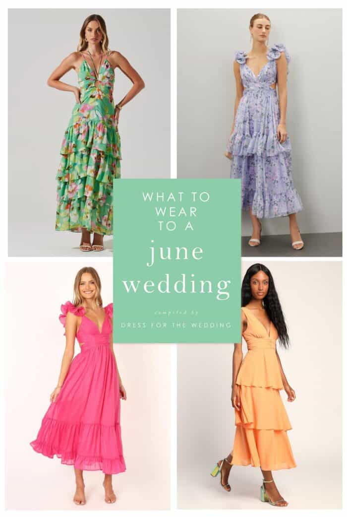 Collage of green, lavender, hot pink and orange dresses on models as an example of June wedding guest dresses.