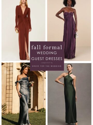 A collage of 4 formal dresses for black tie weddings in autumn