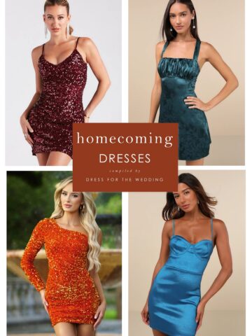 Collage of 4 short mini dresses for homecoming: burgundy sequin mini, teal satin mini, orange one shoulder sequin with long sleeve, turquoise blue satin corset dress.