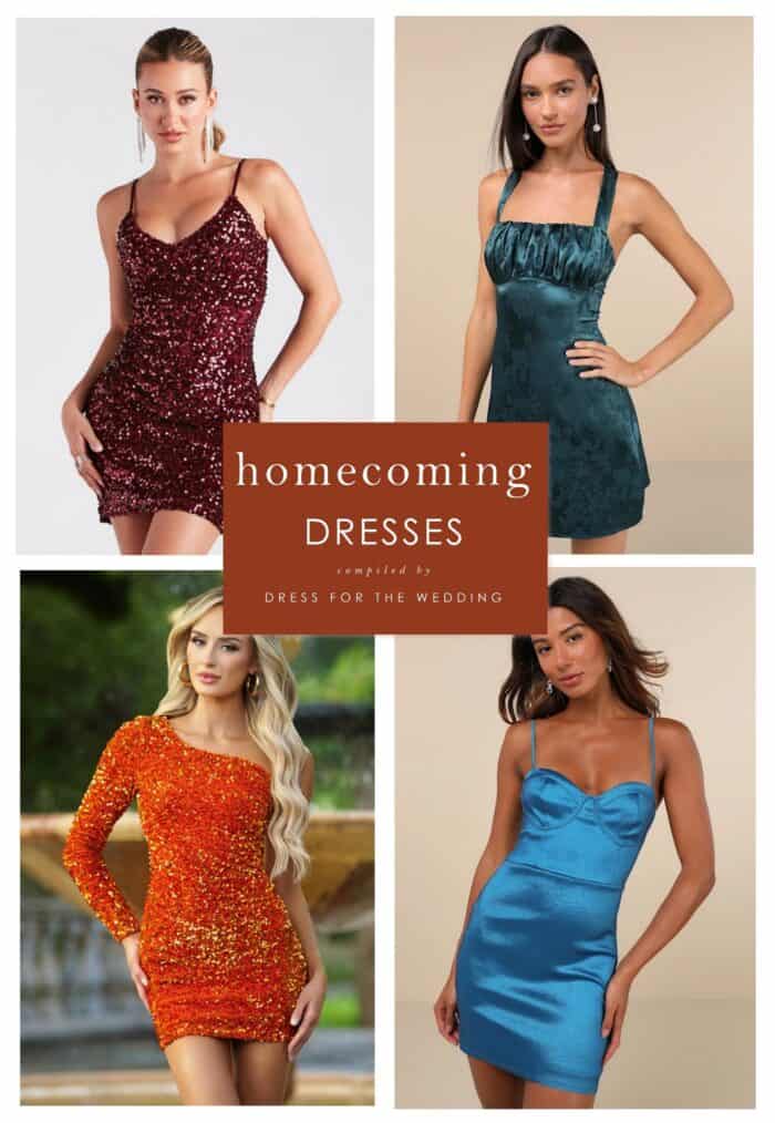 Collage of 4 short mini dresses for homecoming: burgundy sequin mini, teal satin mini, orange one shoulder sequin with long sleeve, turquoise blue satin corset dress.