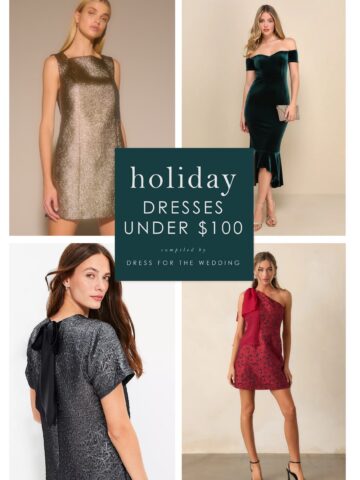 A collage showing 4 dresses gold, green velvet, silver, and red depicting holiday dresses under 100