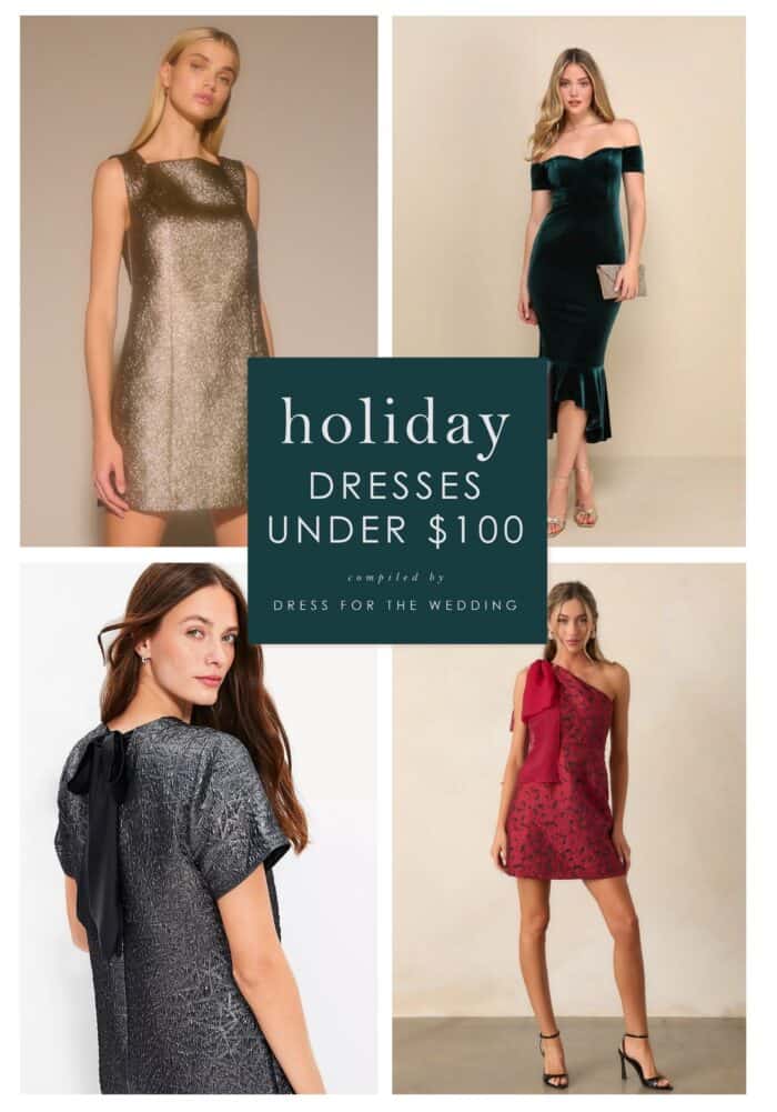 A collage showing 4 dresses gold, green velvet, silver, and red depicting holiday dresses under 100