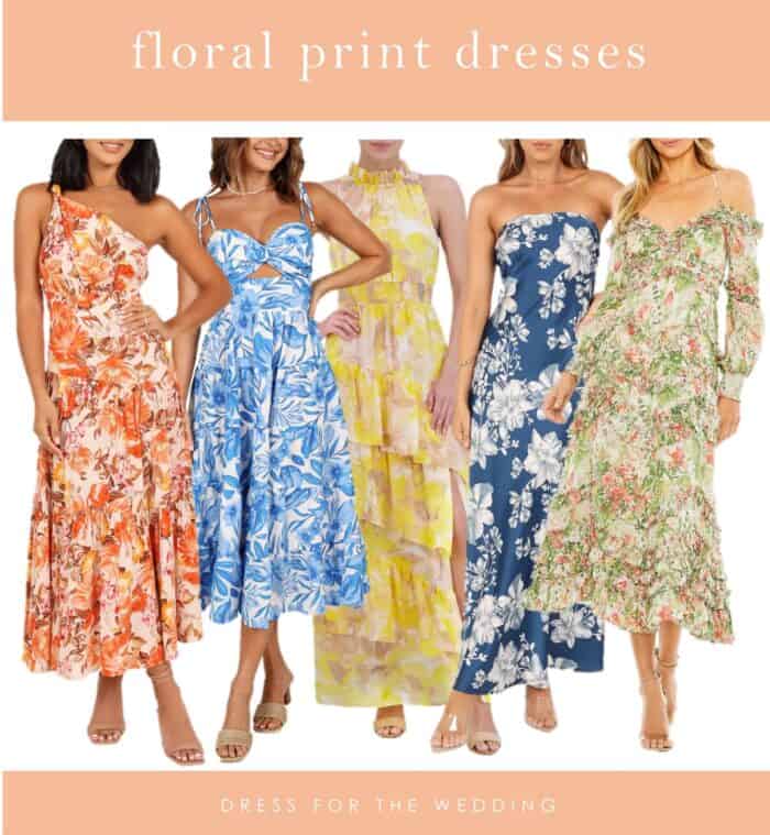 Collage of floral patterned dresses that are ok to wear to a wedding.