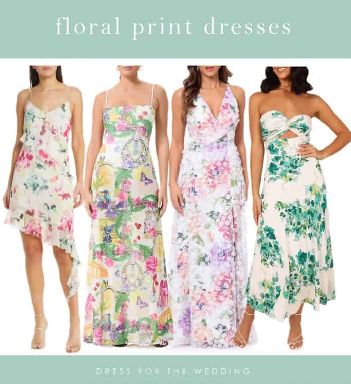 Collage of green and white floral dresses with prints