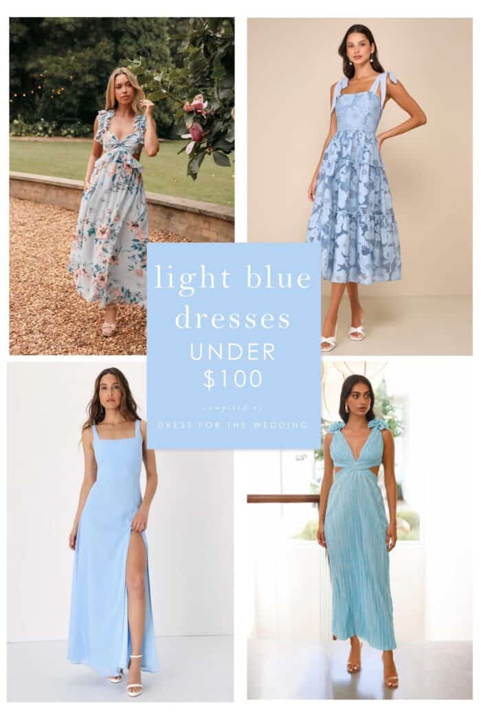 Collage of product images for light blue dresses under 100 shown in a square 