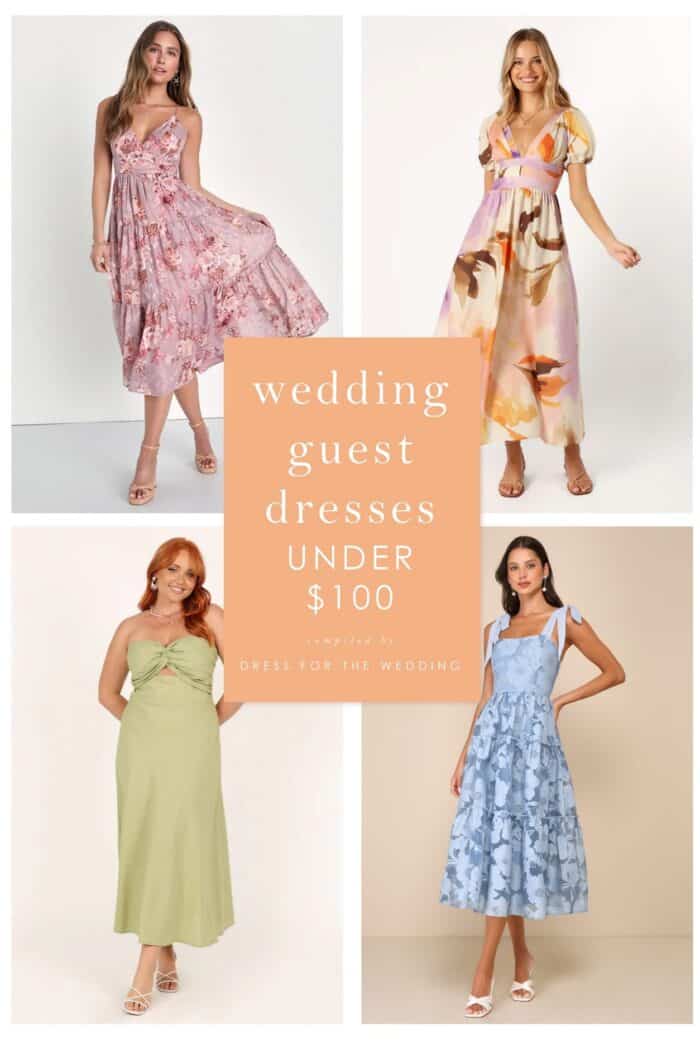 Collage of women wearing colorful pastel dresses that are under $100