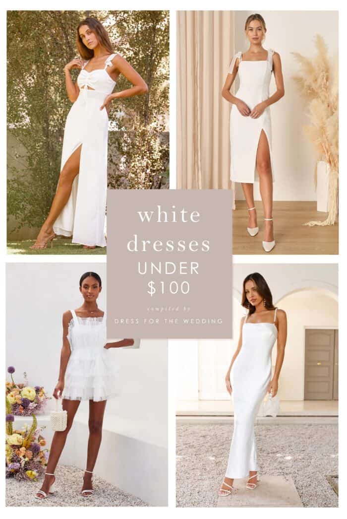 Collage of 4 squares of photos of models wearing white dresses in short, midi and maxi styles.