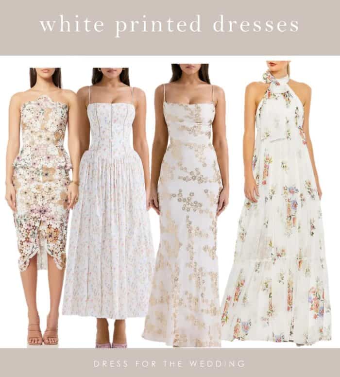 Collage of 4 white printed dresses with short and long styles