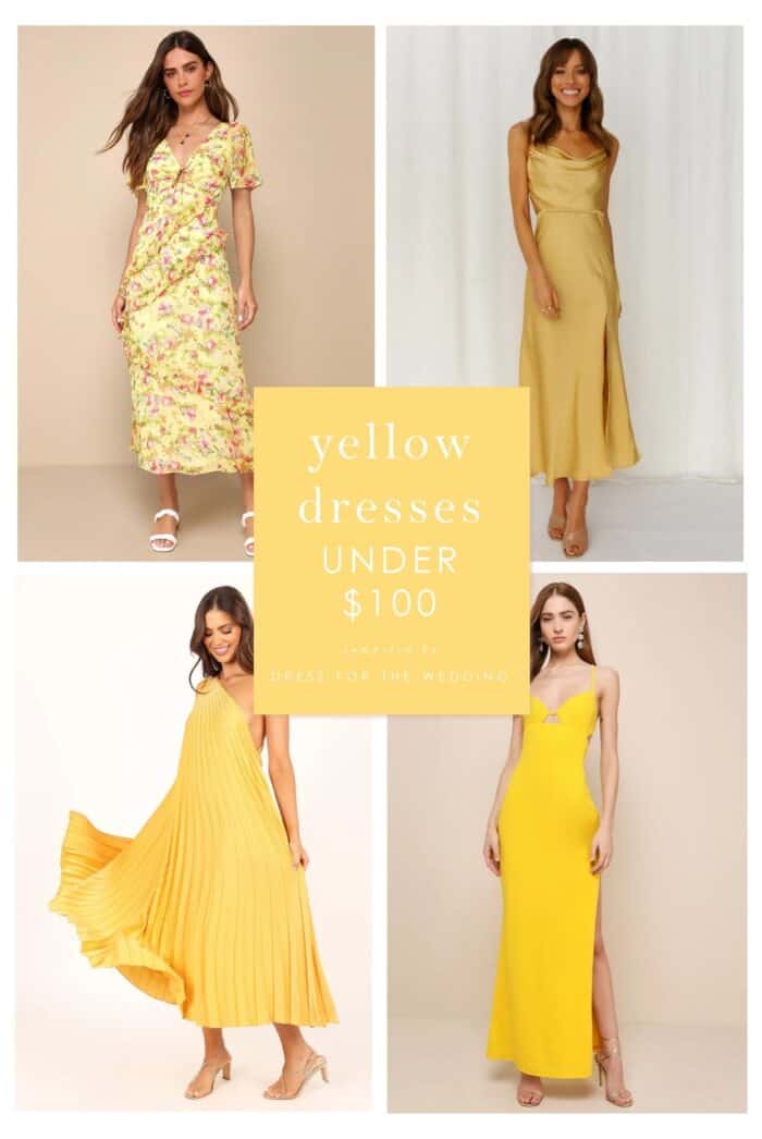 Collage of 4 yellow dresses on models