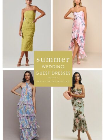 Collage image of 2 over 2 images of dresses one yellow one pink floral one blue floral and one green floral print.