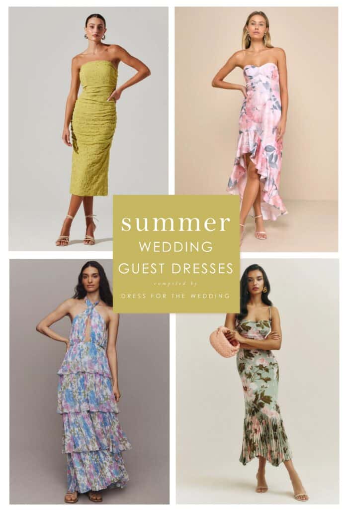 Collage image of 2 over 2 images of dresses one yellow one pink floral one blue floral and one green floral print. 