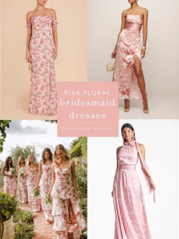 Collage of 4 images showing pink floral dresses for bridesmaids