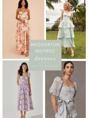 Collage of dresses inspired by the show Bridgerton.