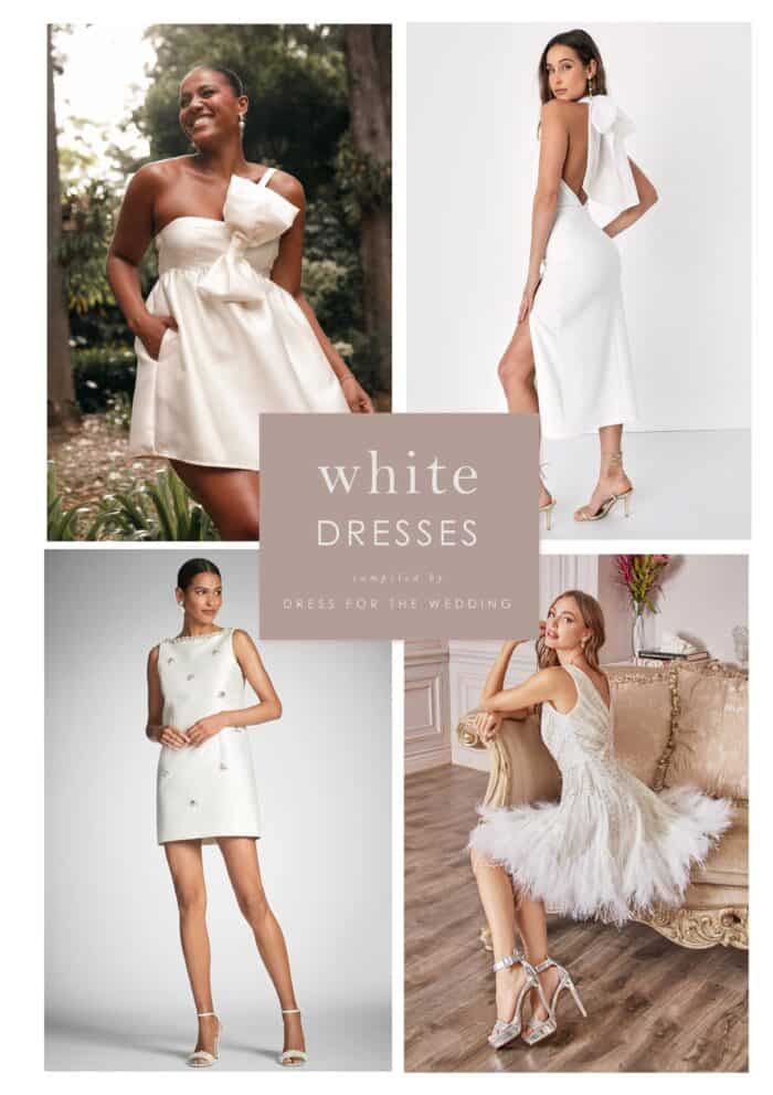 collage of 4 images of models wearing white dresses