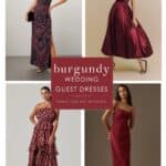 collage of 4 burgundy dresses for different wedding dress codes