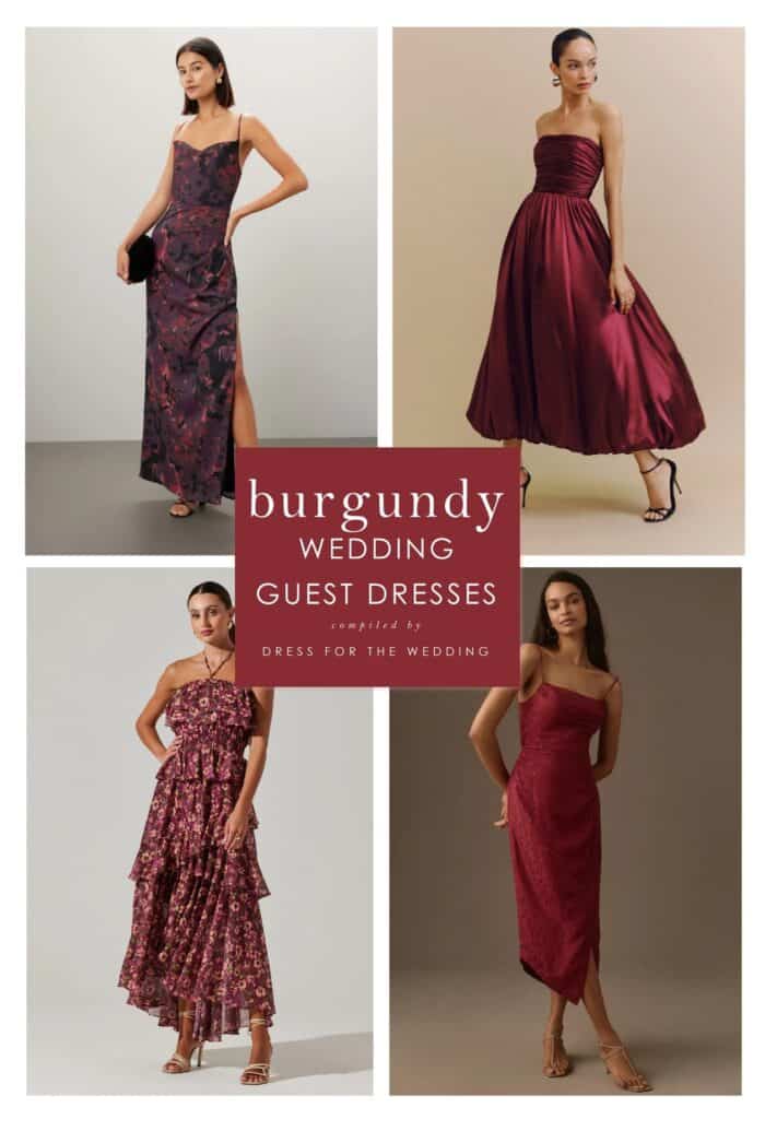 collage of 4 burgundy dresses for different wedding dress codes