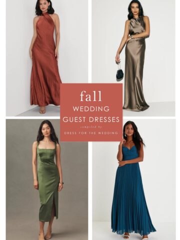 4 square collage of a rust long dress, taupe satin gown, green corset cocktail dress and teal maxi dress for a fall wedding guest dress article.