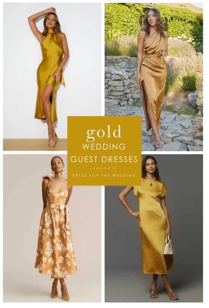 a collage of 4 images of gold dresses one midi, one shoulder, long tea length corset and gold with short sleeves.