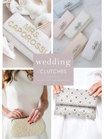 A collage showing white, ivory and embellished clutch handbags for weddings