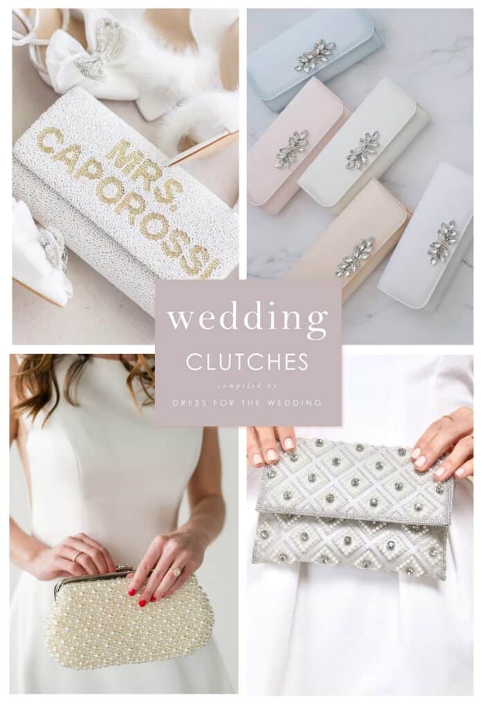 A collage showing white, ivory and embellished clutch handbags for weddings