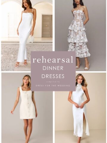 Collage of 4 white dresses to wear to a rehearsal dinner for a bride.