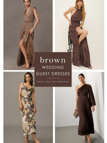 Collage of 4 dress images and text about brown dresses to wear to weddings