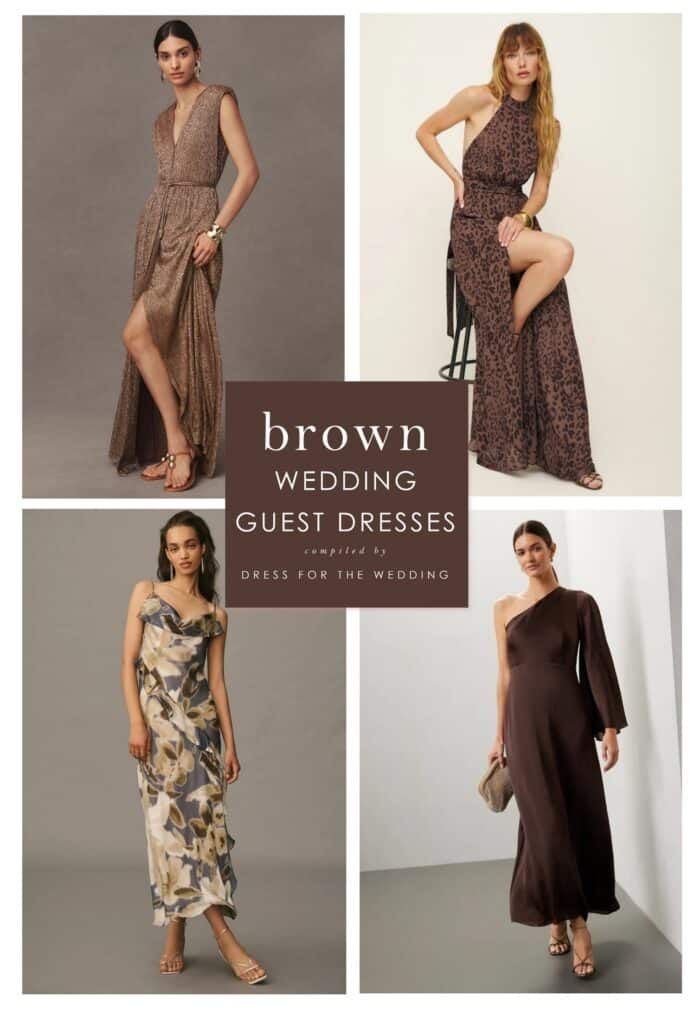 Collage of 4 dress images and text about brown dresses to wear to weddings