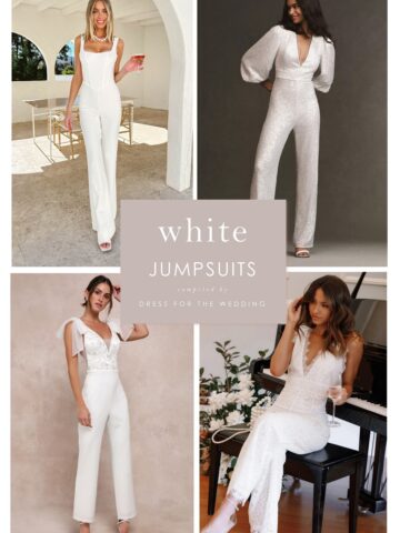 Collage of white jumpsuits for wedding events.