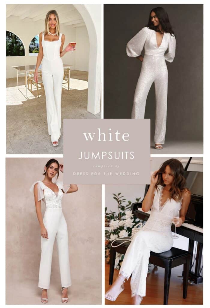 Collage of white jumpsuits for wedding events.