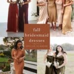 collage of 4 images of models wearing bridesmaid dresses in fall colors like red, gold rust and olive green