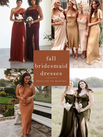 collage of 4 images of models wearing bridesmaid dresses in fall colors like red, gold rust and olive green