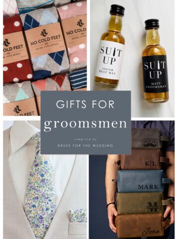 Examples of gifts for groomsmen like socks, labels, tie, dopp kit