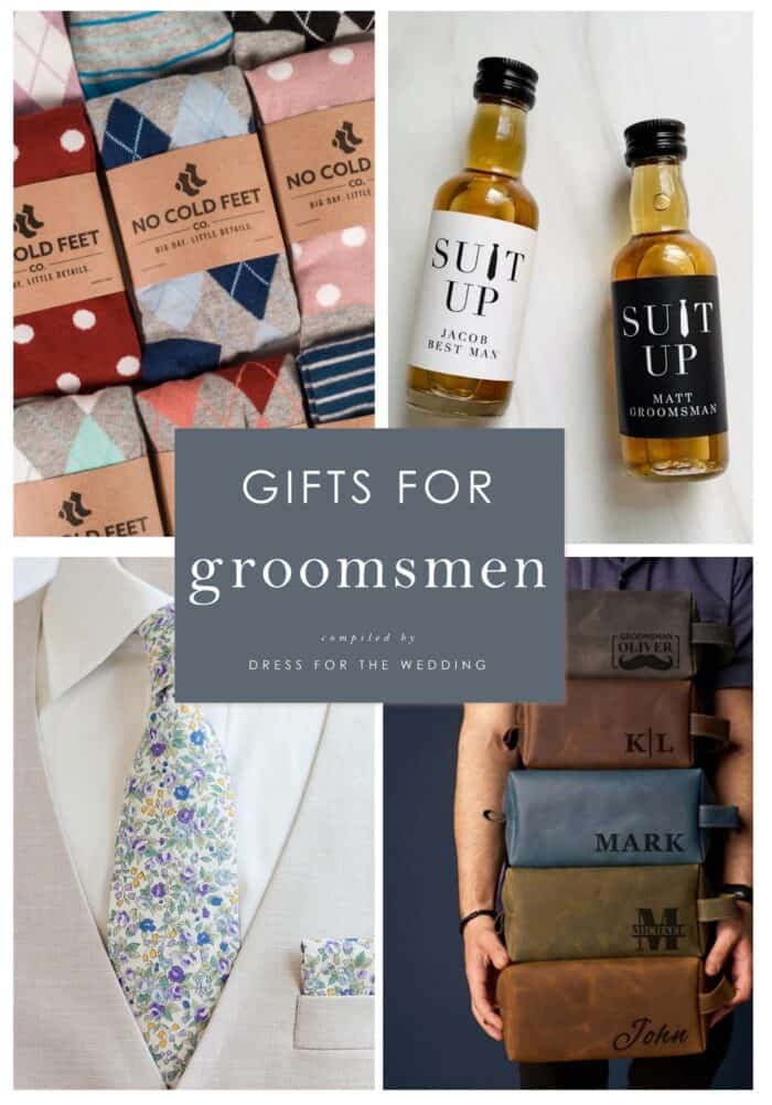 Examples of gifts for groomsmen like socks, labels, tie, dopp kit