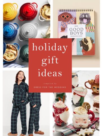 4 square collage of gift ideas for the holidays showing : cooking pots, a dog book, flannel pjs and christmas mugs for an article about holiday gift ideas.