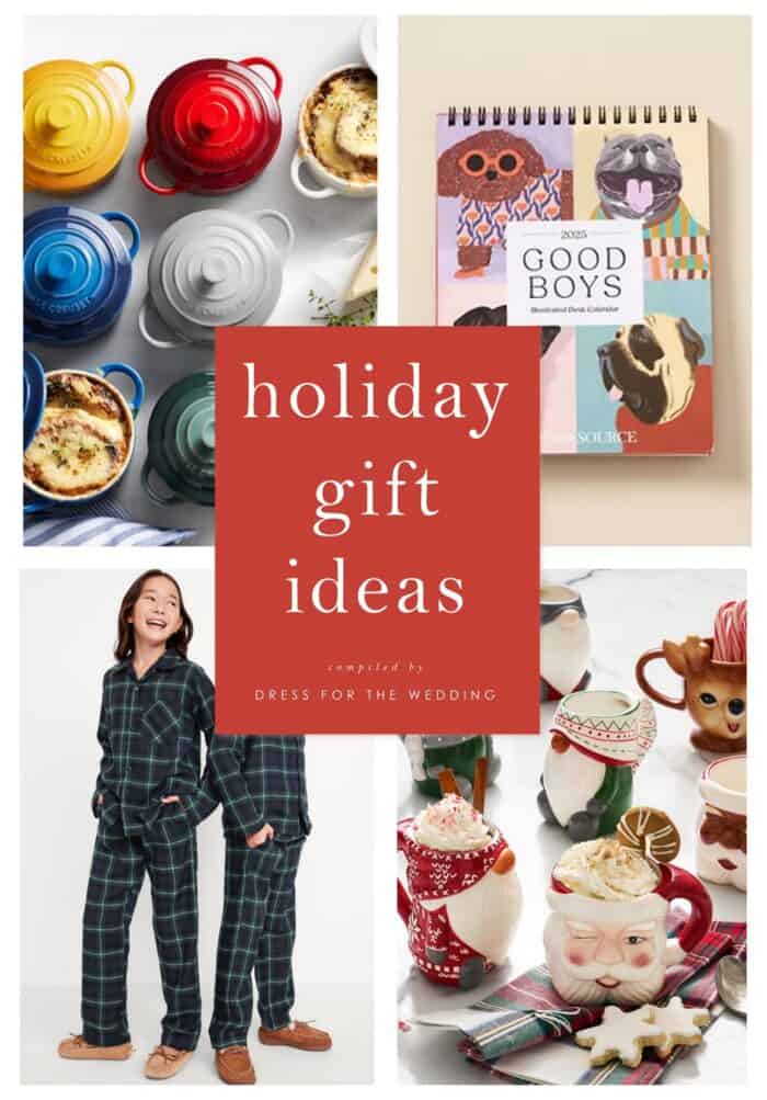 4 square collage of gift ideas for the holidays showing : cooking pots, a dog book, flannel pjs and christmas mugs for an article about holiday gift ideas.