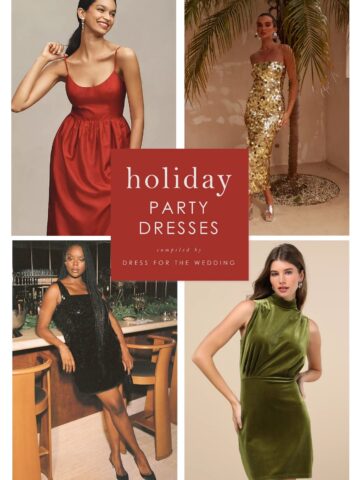 a 4 square collage showing models wearing various holiday looks: a red spaghetti strap dress, gold strapless sequin dress, black mini dress with sequins, and a high neck green velvet dress for holiday party attire