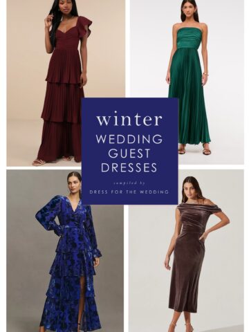 collage showing red maxi dress, green strapless midi, long sleeve blue velvet dress, and brown velvet cocktail dress as examples of winter wedding guest dresses and attire.