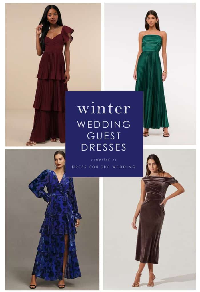 collage showing red maxi dress, green strapless midi, long sleeve blue velvet dress, and brown velvet cocktail dress as examples of winter wedding guest dresses and attire.