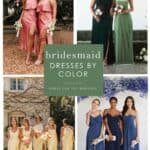 Collage showing models wearing bridesmaid dresses of various colors