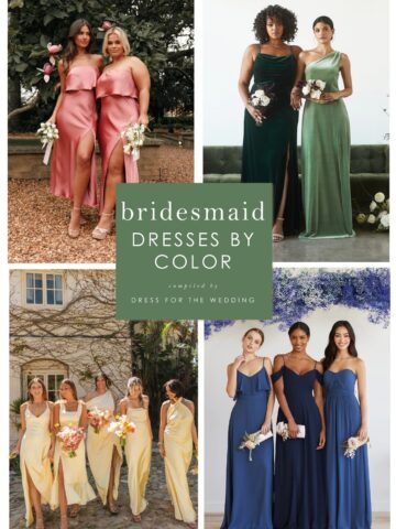 Collage showing models wearing bridesmaid dresses of various colors