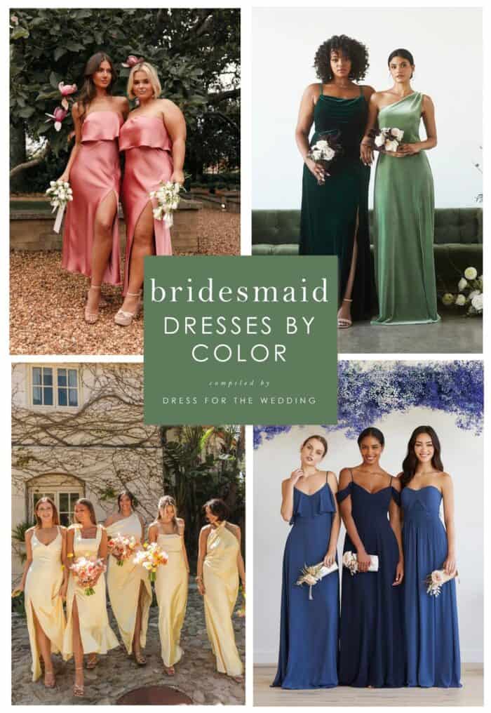 Collage showing models wearing bridesmaid dresses of various colors